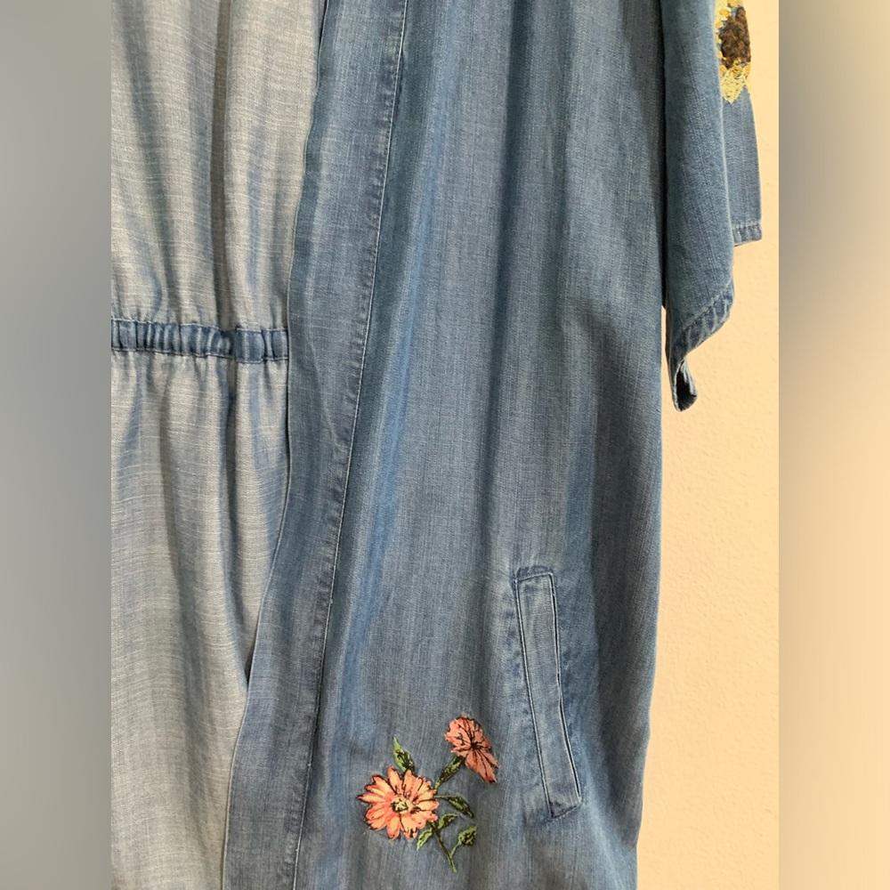 XL Chambray Floral Embroidered Open Front Cardigan Kimono Boho Spring Coastal - Picture 13 of 16